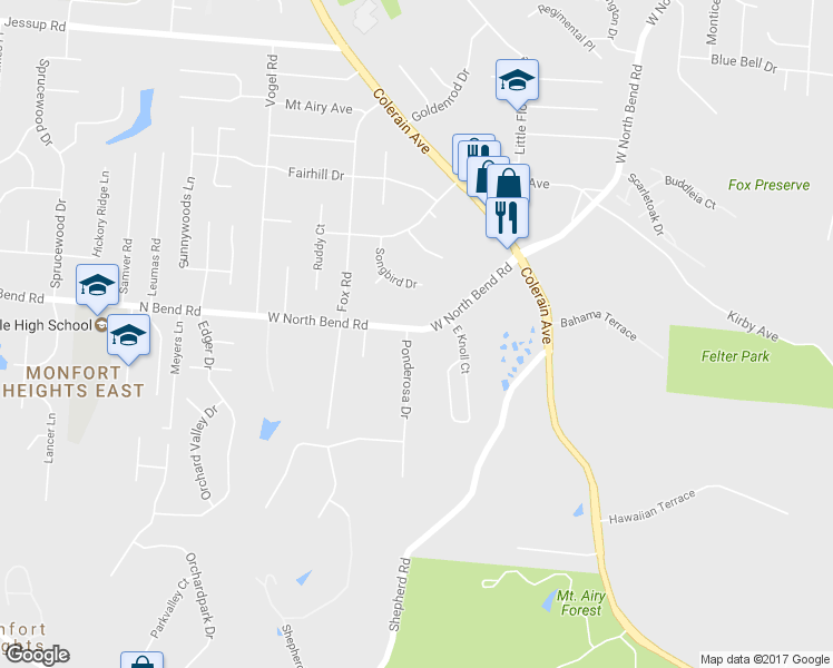 map of restaurants, bars, coffee shops, grocery stores, and more near 2717 West North Bend Road in Cincinnati