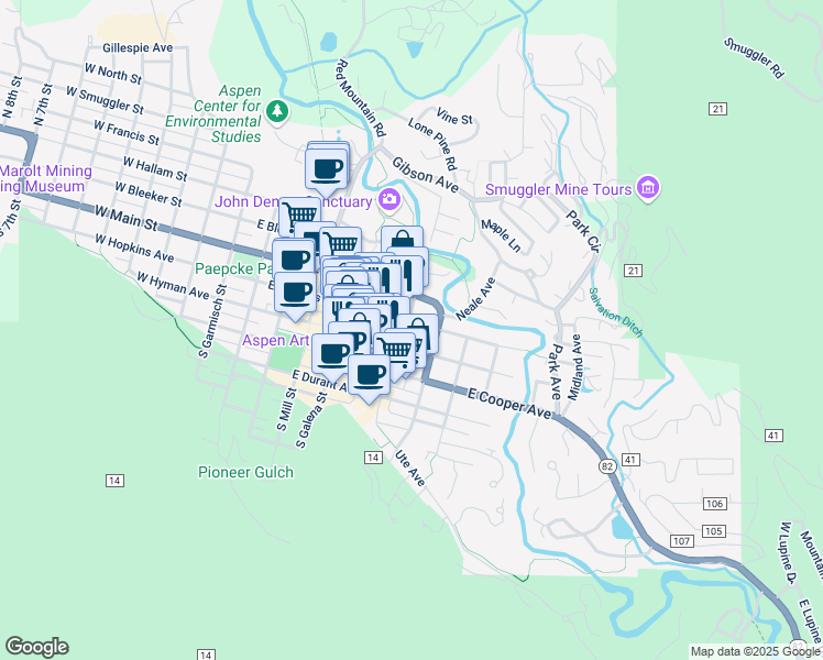 map of restaurants, bars, coffee shops, grocery stores, and more near 623 East Hopkins Avenue in Aspen