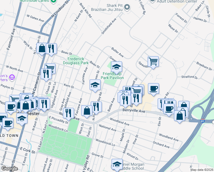 map of restaurants, bars, coffee shops, grocery stores, and more near 605 Bruce Street in Winchester
