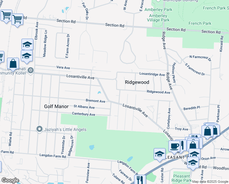 map of restaurants, bars, coffee shops, grocery stores, and more near 2741 Ridgewood Avenue in Cincinnati