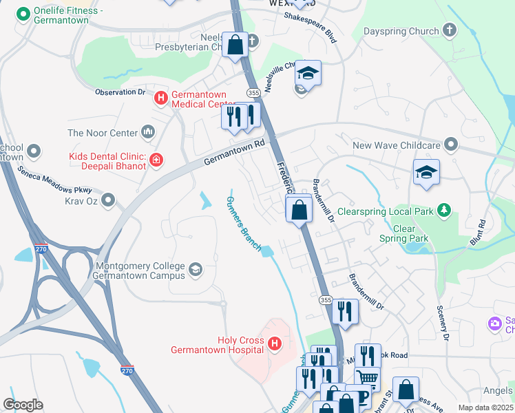 map of restaurants, bars, coffee shops, grocery stores, and more near 20342 Cider Barrel Drive in Germantown