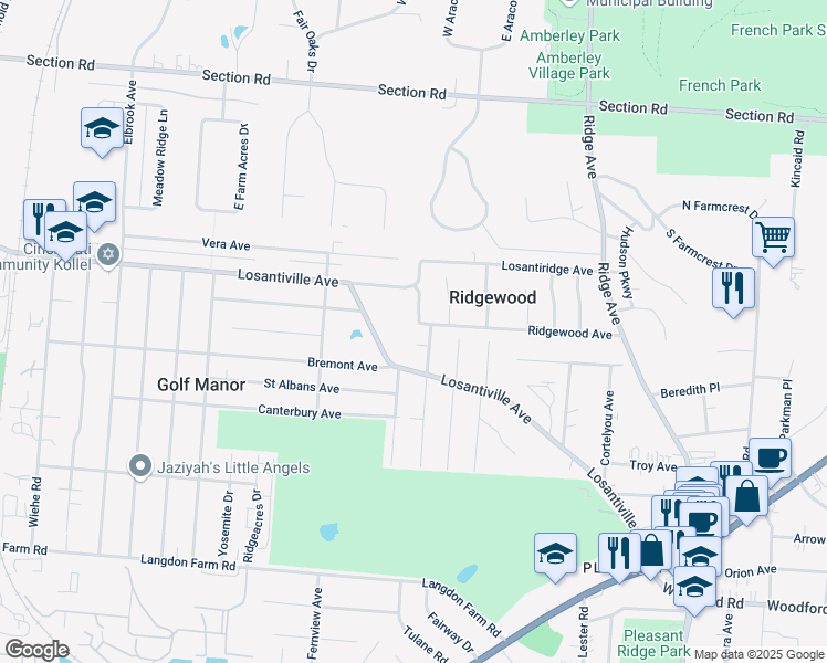 map of restaurants, bars, coffee shops, grocery stores, and more near 2741 Ridgewood Avenue in Cincinnati