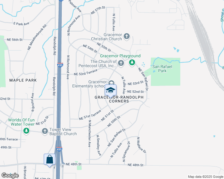 map of restaurants, bars, coffee shops, grocery stores, and more near 5125 North Sycamore Avenue in Kansas City