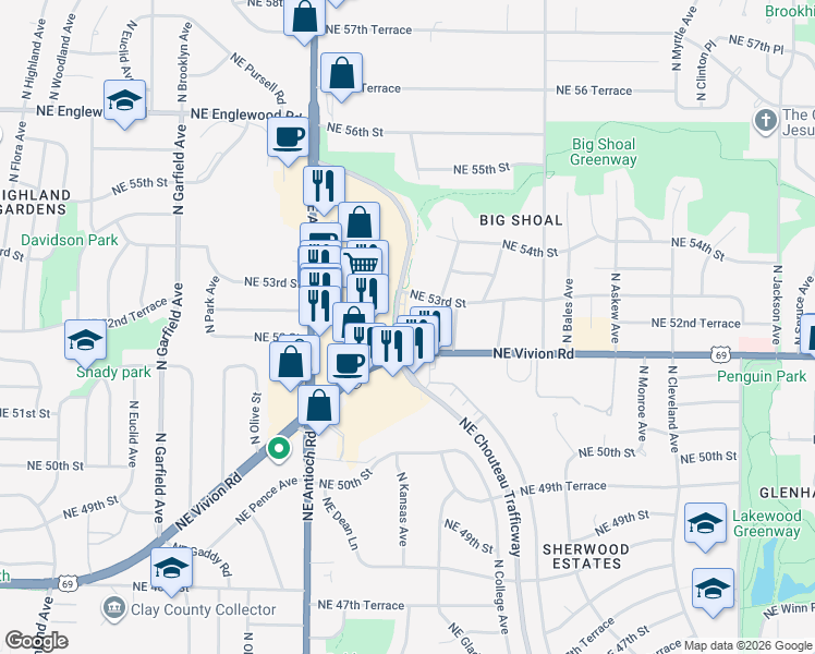map of restaurants, bars, coffee shops, grocery stores, and more near 5219 Chouteau Trafficway in Kansas City