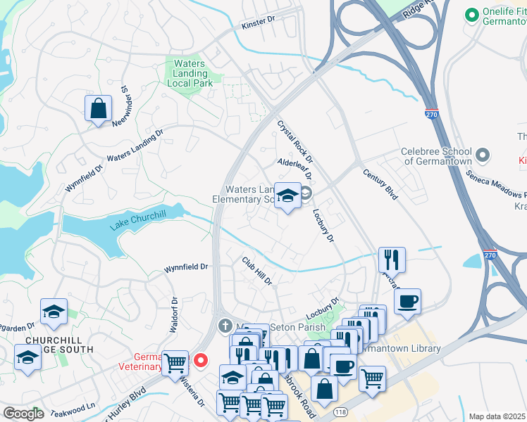 map of restaurants, bars, coffee shops, grocery stores, and more near 20220 Thunderhead Way in Germantown