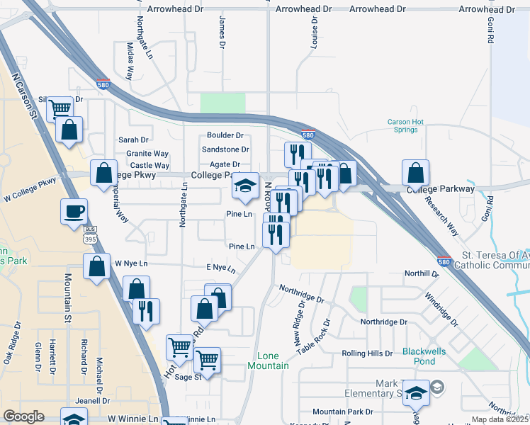 map of restaurants, bars, coffee shops, grocery stores, and more near 3362 North Roop Street in Carson City