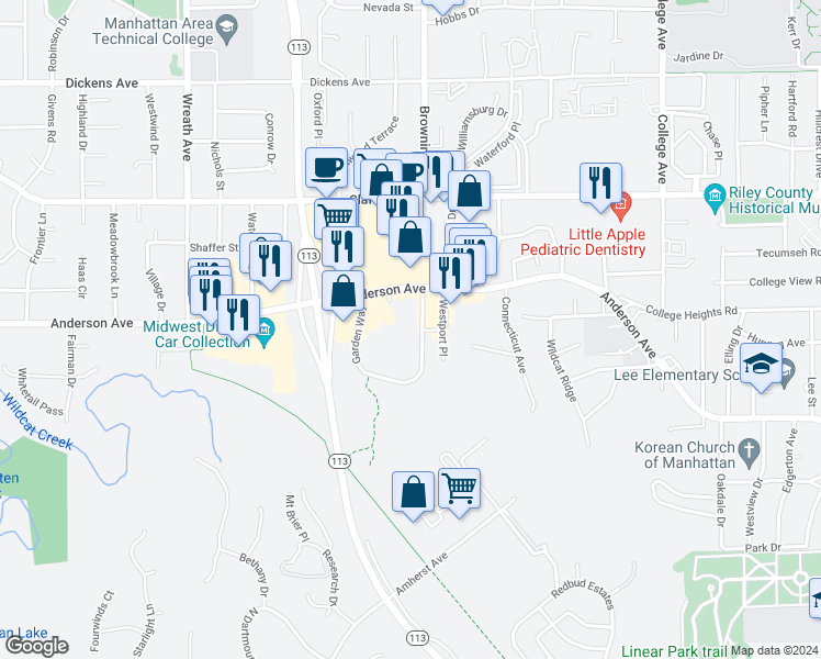 map of restaurants, bars, coffee shops, grocery stores, and more near 912 Garden Way in Manhattan