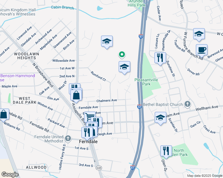 map of restaurants, bars, coffee shops, grocery stores, and more near 409 Melrose Avenue in Glen Burnie