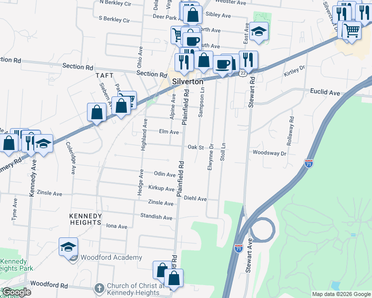 map of restaurants, bars, coffee shops, grocery stores, and more near 6656 Plainfield Road in Silverton
