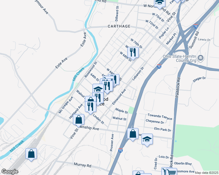 map of restaurants, bars, coffee shops, grocery stores, and more near 6411 Vine Street in Cincinnati