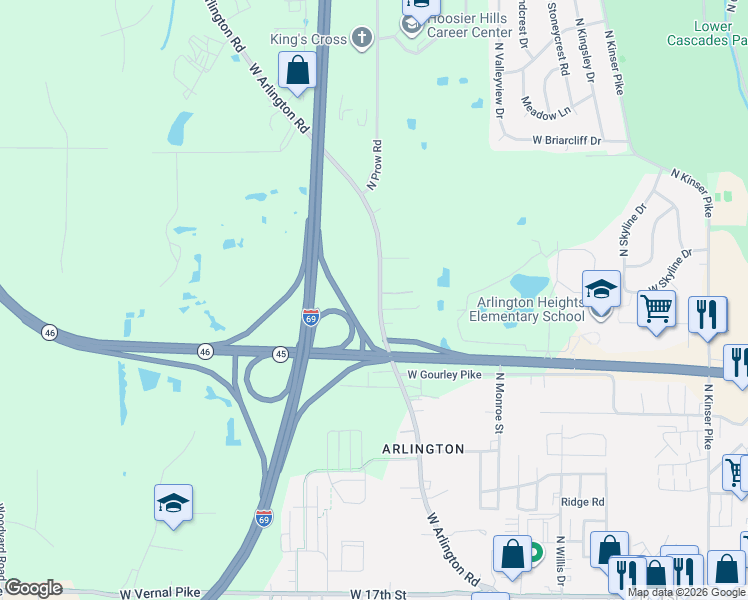 map of restaurants, bars, coffee shops, grocery stores, and more near 2308 West Arlington Road in Bloomington