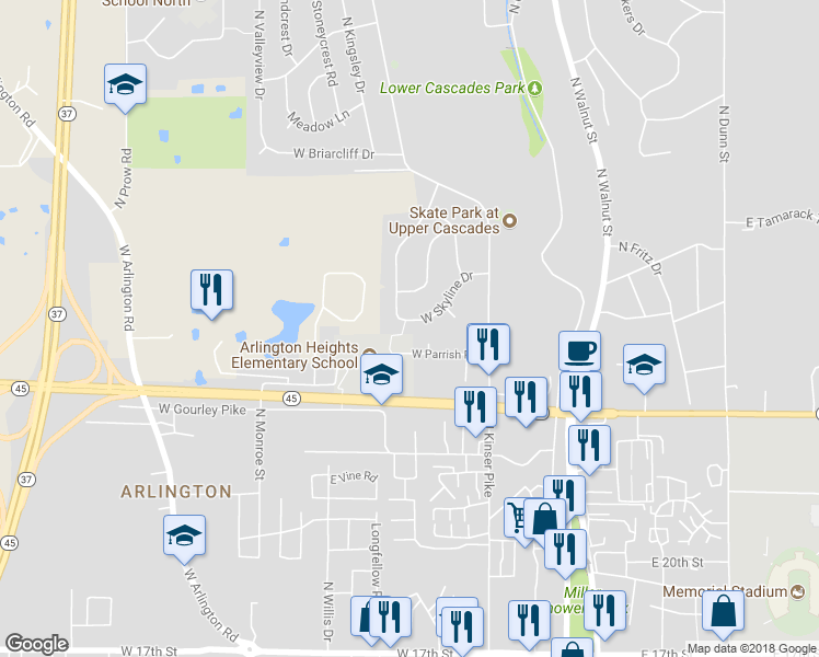 map of restaurants, bars, coffee shops, grocery stores, and more near 651 West Skyline Drive in Bloomington