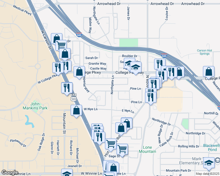 map of restaurants, bars, coffee shops, grocery stores, and more near 3320 Northgate Lane in Carson City