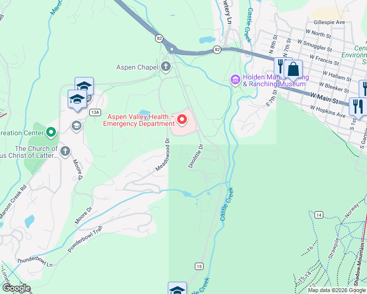 map of restaurants, bars, coffee shops, grocery stores, and more near 131 Twin Ridge Drive in Aspen
