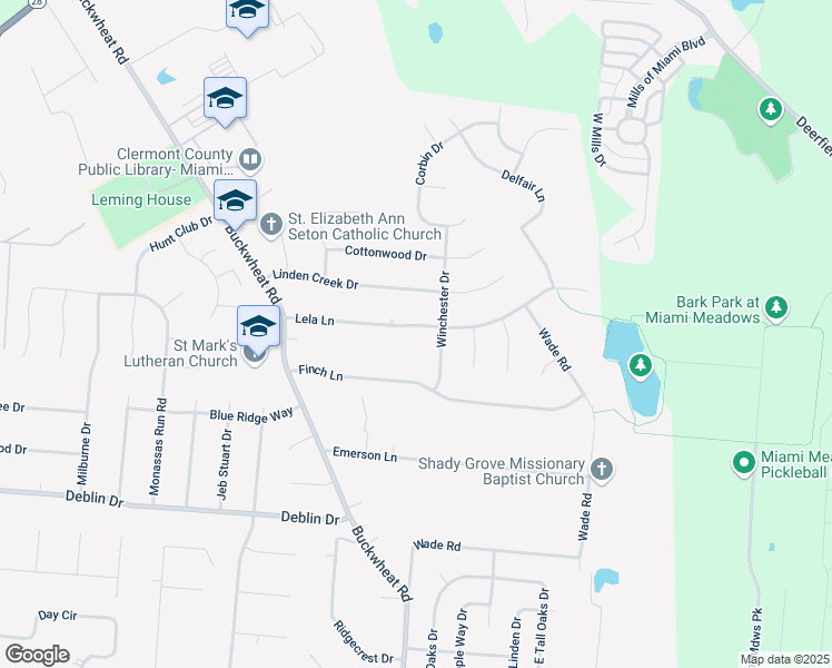 map of restaurants, bars, coffee shops, grocery stores, and more near 1385 Lela Lane in Milford