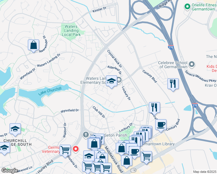 map of restaurants, bars, coffee shops, grocery stores, and more near 13037 Thunderhead Drive in Germantown