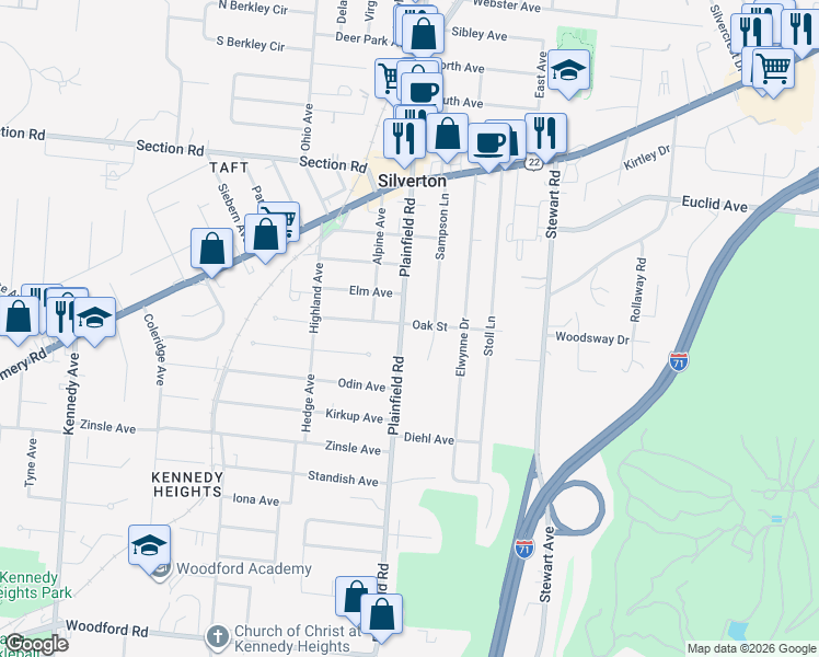 map of restaurants, bars, coffee shops, grocery stores, and more near 6656 Plainfield Road in Silverton