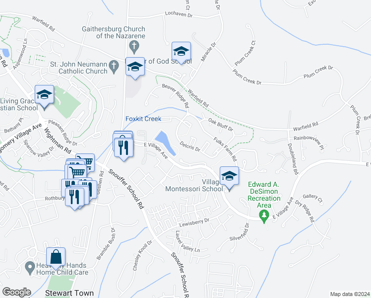map of restaurants, bars, coffee shops, grocery stores, and more near 8690 Delcris Drive in Gaithersburg