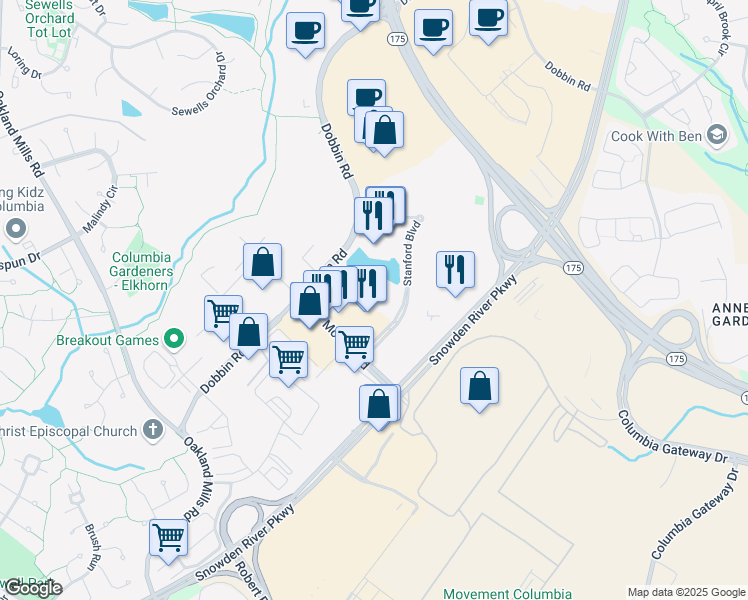 map of restaurants, bars, coffee shops, grocery stores, and more near 8825 Stanford Boulevard in Columbia