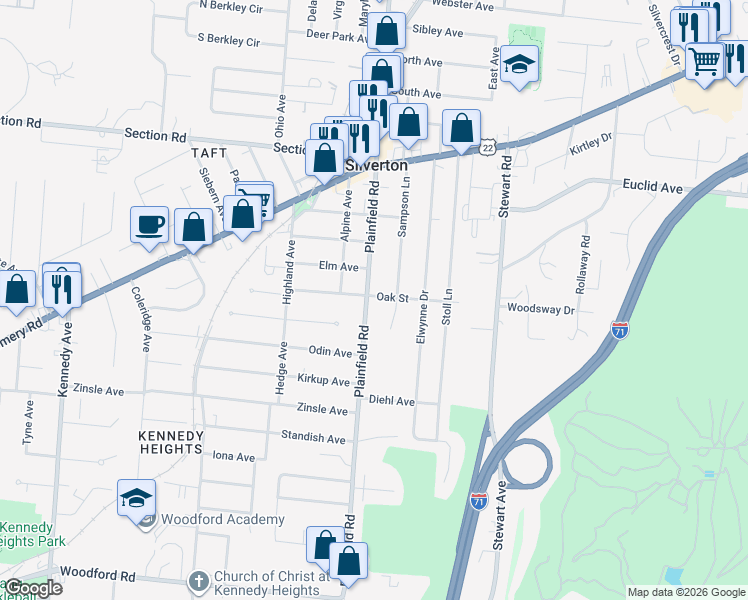 map of restaurants, bars, coffee shops, grocery stores, and more near 6656 Plainfield Road in Silverton
