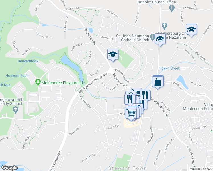 map of restaurants, bars, coffee shops, grocery stores, and more near 20307 Grazing Way in Montgomery Village