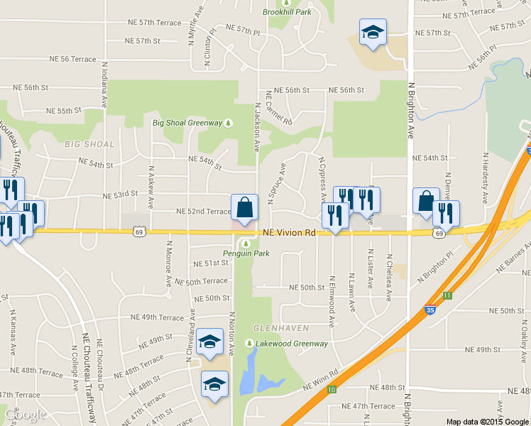 map of restaurants, bars, coffee shops, grocery stores, and more near 5218 North Spruce Avenue in Kansas City