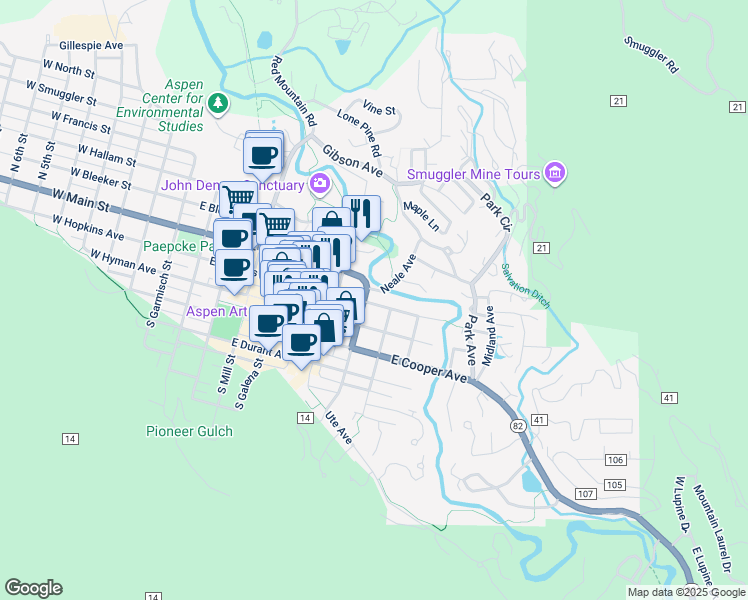 map of restaurants, bars, coffee shops, grocery stores, and more near 730 East Hopkins Avenue in Aspen