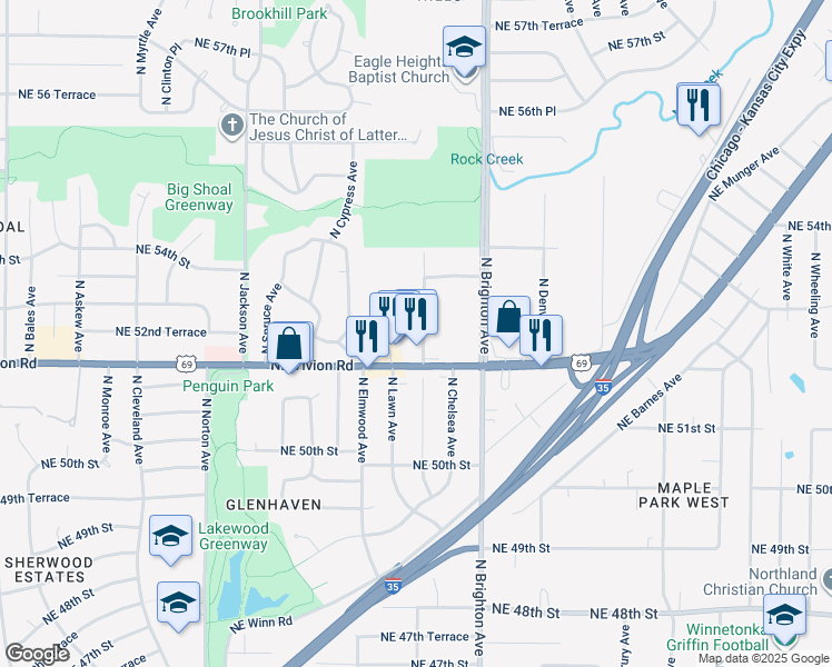 map of restaurants, bars, coffee shops, grocery stores, and more near 5226 North Lister Avenue in Kansas City