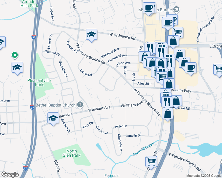 map of restaurants, bars, coffee shops, grocery stores, and more near 300 Ryan Road in Glen Burnie