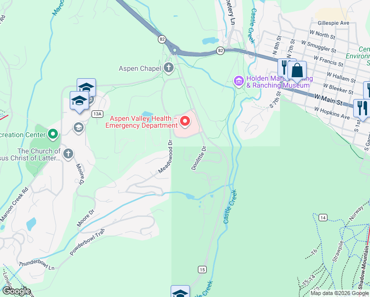map of restaurants, bars, coffee shops, grocery stores, and more near 135 Twin Ridge Drive in Aspen
