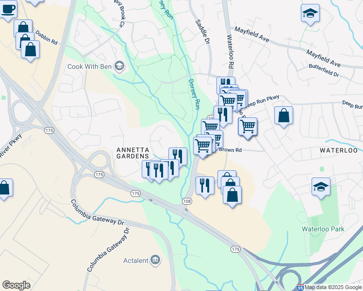 map of restaurants, bars, coffee shops, grocery stores, and more near 8292 Lark Brown Road in Columbia