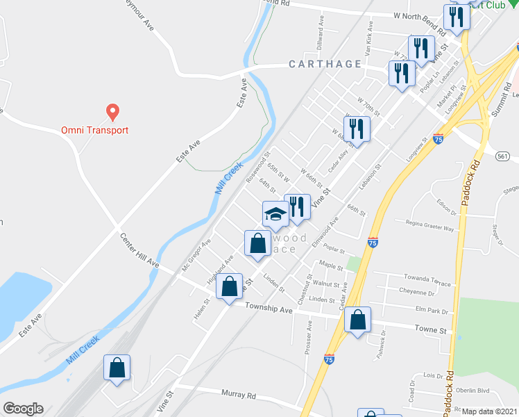 map of restaurants, bars, coffee shops, grocery stores, and more near 511 Oak Street in Cincinnati
