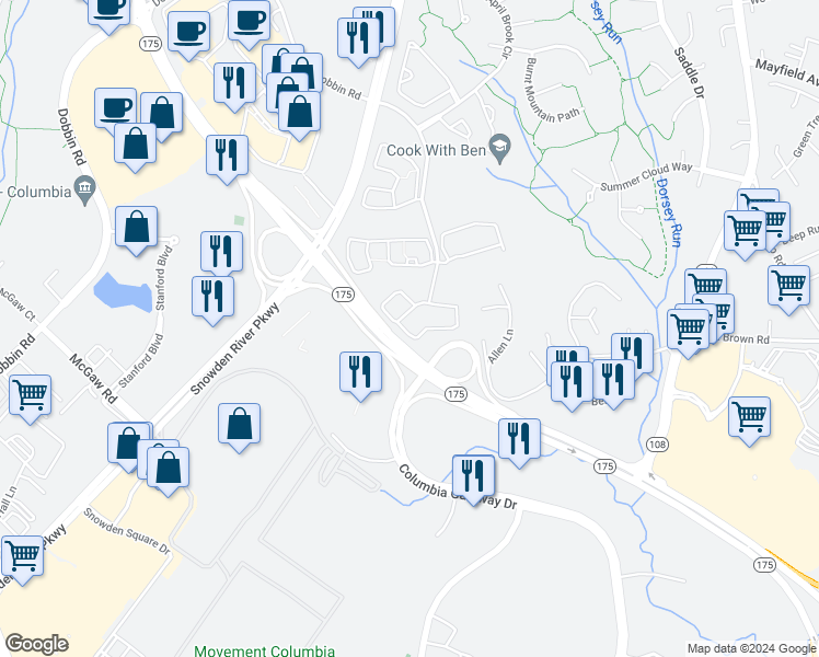 map of restaurants, bars, coffee shops, grocery stores, and more near 8831 Shining Oceans Way in Columbia