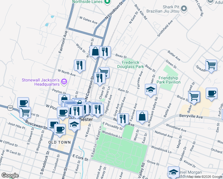 map of restaurants, bars, coffee shops, grocery stores, and more near 443 Highland Avenue in Winchester