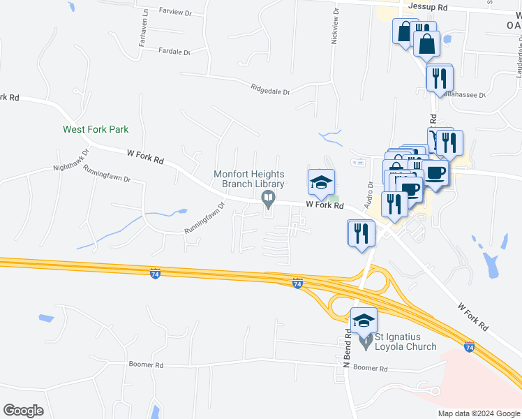 map of restaurants, bars, coffee shops, grocery stores, and more near 5376 Meadow Walk Lane in Cincinnati