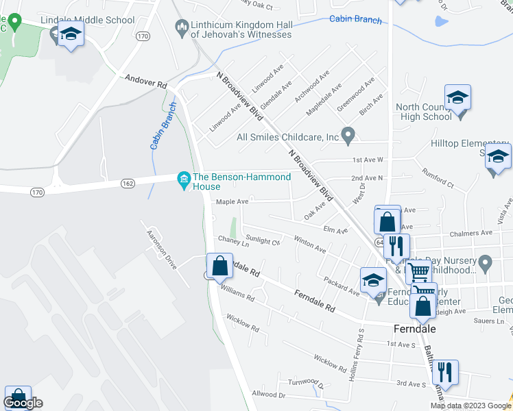 map of restaurants, bars, coffee shops, grocery stores, and more near 211a Maple Avenue in Glen Burnie