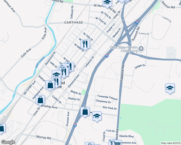 map of restaurants, bars, coffee shops, grocery stores, and more near 6606 Hasler Lane in Cincinnati