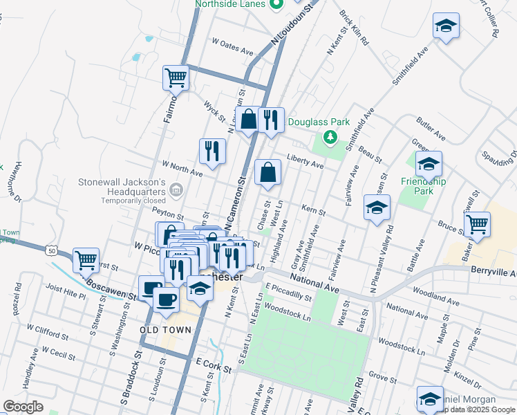 map of restaurants, bars, coffee shops, grocery stores, and more near 434 North Kent Street in Winchester