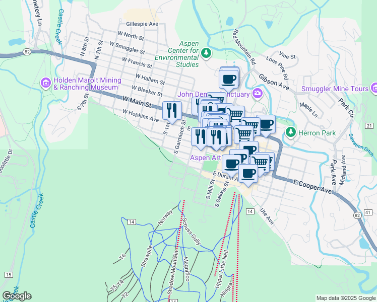 map of restaurants, bars, coffee shops, grocery stores, and more near 311 South Aspen Street in Aspen