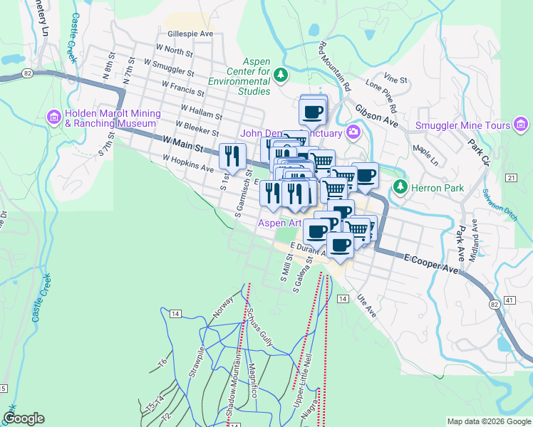 map of restaurants, bars, coffee shops, grocery stores, and more near 311 South Aspen Street in Aspen