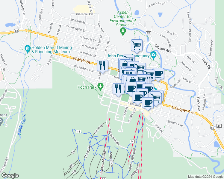 map of restaurants, bars, coffee shops, grocery stores, and more near 311 South Aspen Street in Aspen