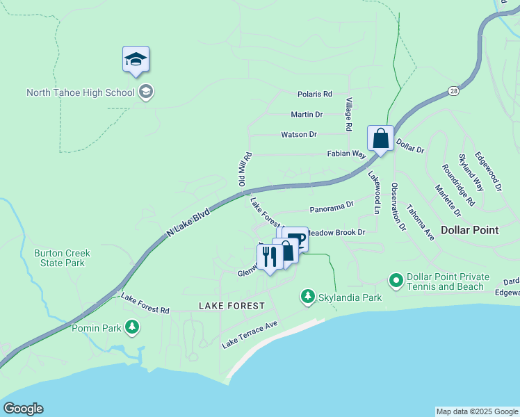 map of restaurants, bars, coffee shops, grocery stores, and more near 3120 Lake Forest Road in Tahoe City