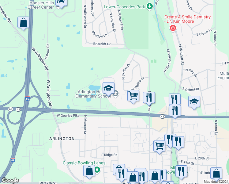 map of restaurants, bars, coffee shops, grocery stores, and more near 2416 North Stonelake Circle in Bloomington