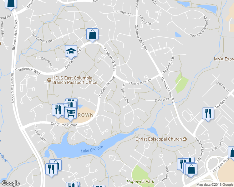 map of restaurants, bars, coffee shops, grocery stores, and more near 9329 Angelina Circle in Columbia