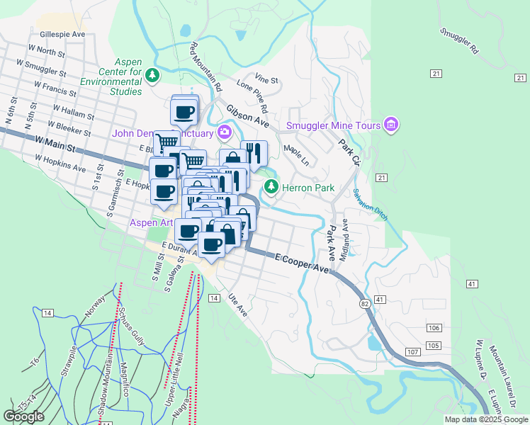 map of restaurants, bars, coffee shops, grocery stores, and more near 800 East Hopkins Avenue in Aspen