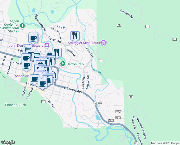 map of restaurants, bars, coffee shops, grocery stores, and more near 336 Midland Avenue in Aspen