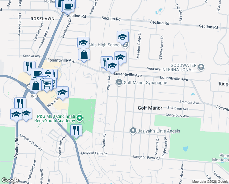 map of restaurants, bars, coffee shops, grocery stores, and more near 6415 Stover Avenue in Cincinnati