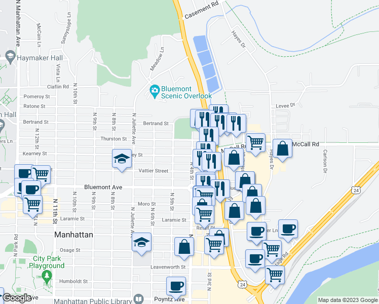 map of restaurants, bars, coffee shops, grocery stores, and more near 400 Kearney Street in Manhattan