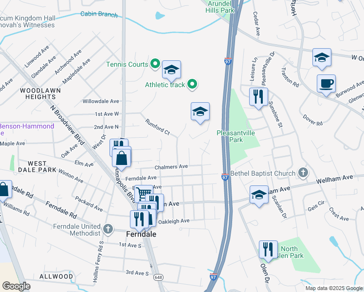 map of restaurants, bars, coffee shops, grocery stores, and more near 414 Baltic Avenue in Glen Burnie