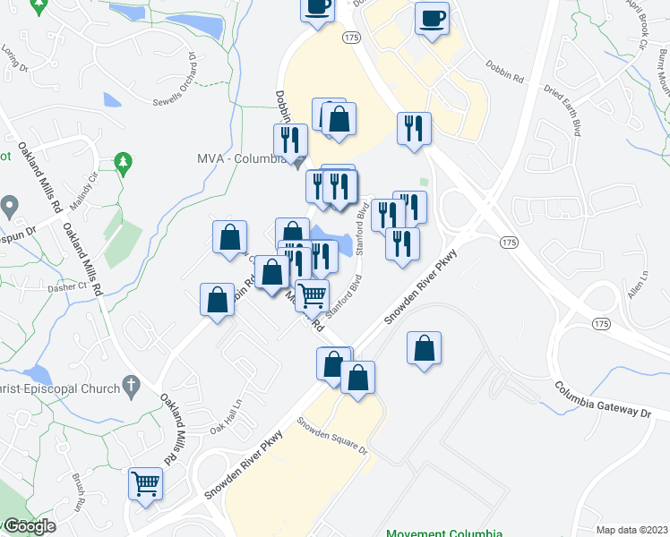 map of restaurants, bars, coffee shops, grocery stores, and more near 8825 Stanford Boulevard in Columbia